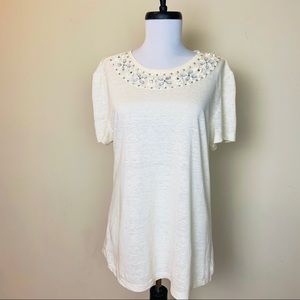 Tory Burch Cream Jeweled Linen Tee